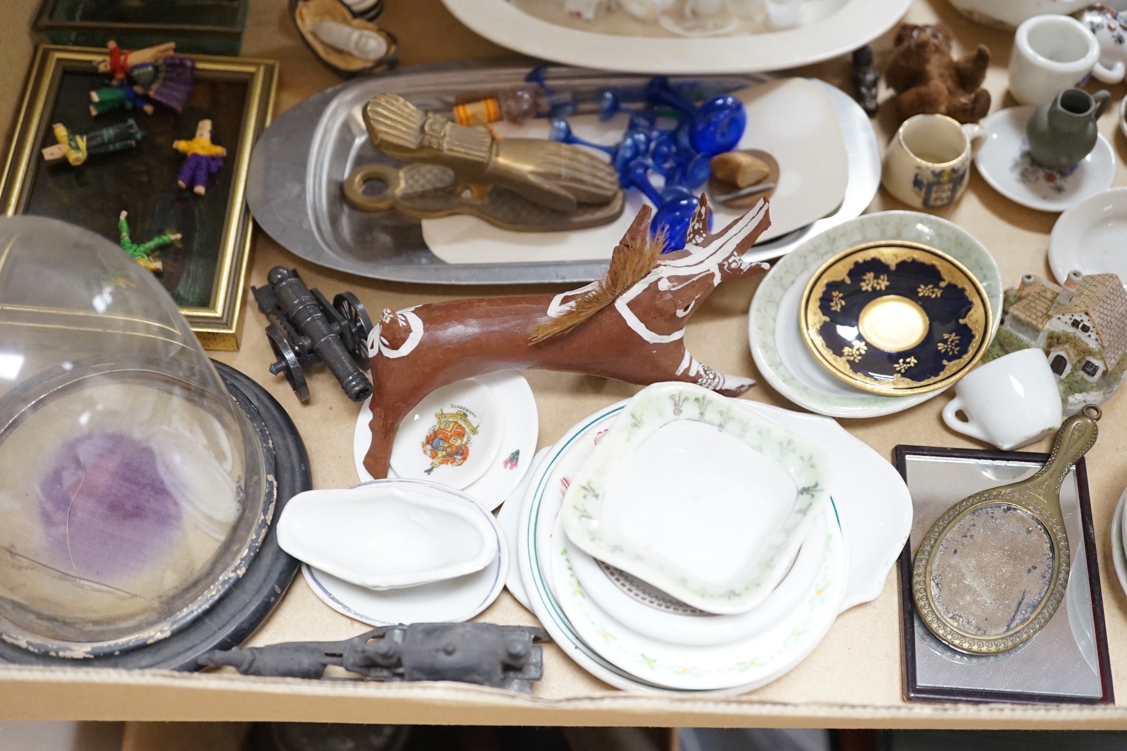 A collection of mixed odd dolls house ceramics including a miniature toy monkey, possibly Schuco
